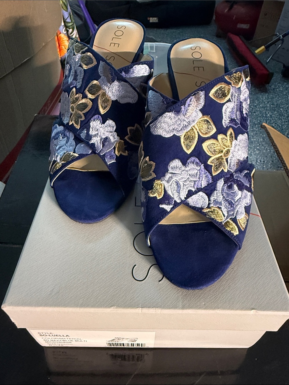 Sole Society Navy Blue Floral Embroidered Open-Toe Mules size 8 1/2